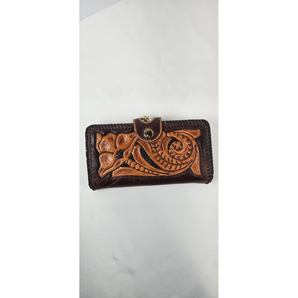 Vintage Tooled Leather Wallet Clutch Floral Western Snap Kiss Lock Brown